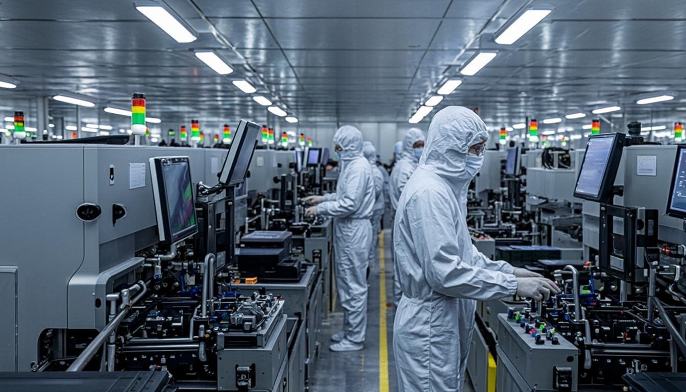Cleanroom production line for display modules, with operators at inspection stations